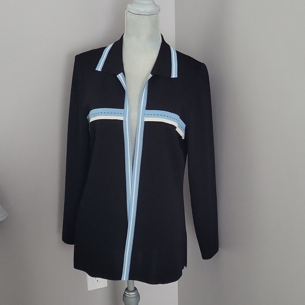Misook Black Open Front Knit Cardigan Jacket Blue Stripe Trim Size M